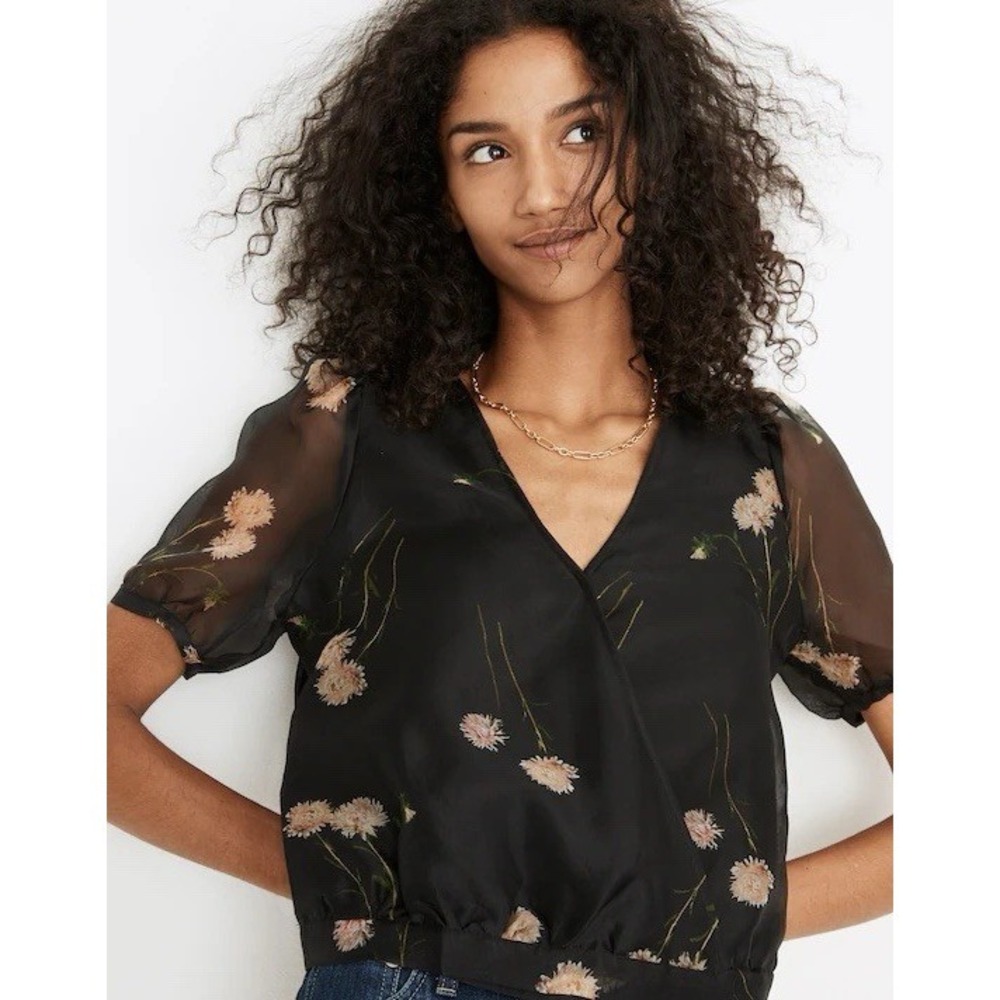 Madewell Silk Organza Puff-Sleeve Wrap Top Aster Portrait Black Women Size XS